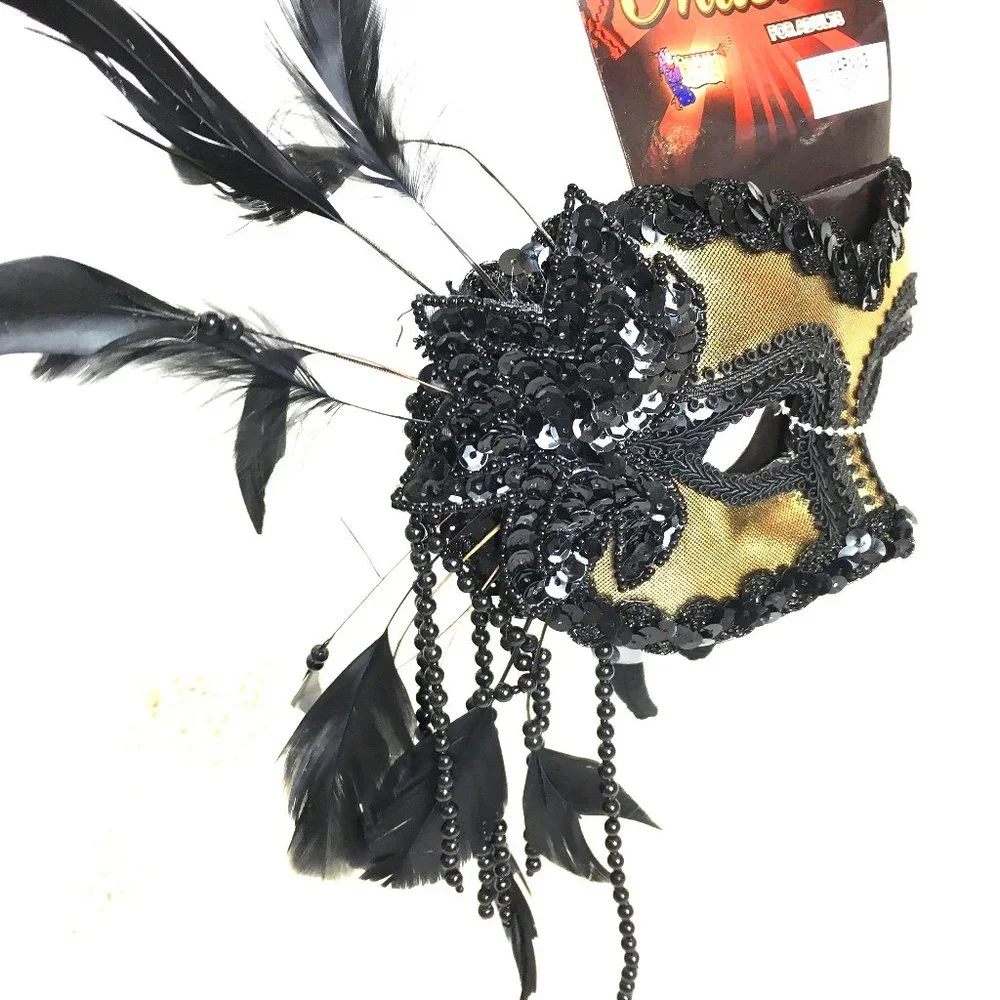 Venetian Halloween Gold Blk Half Mask NOS NWT